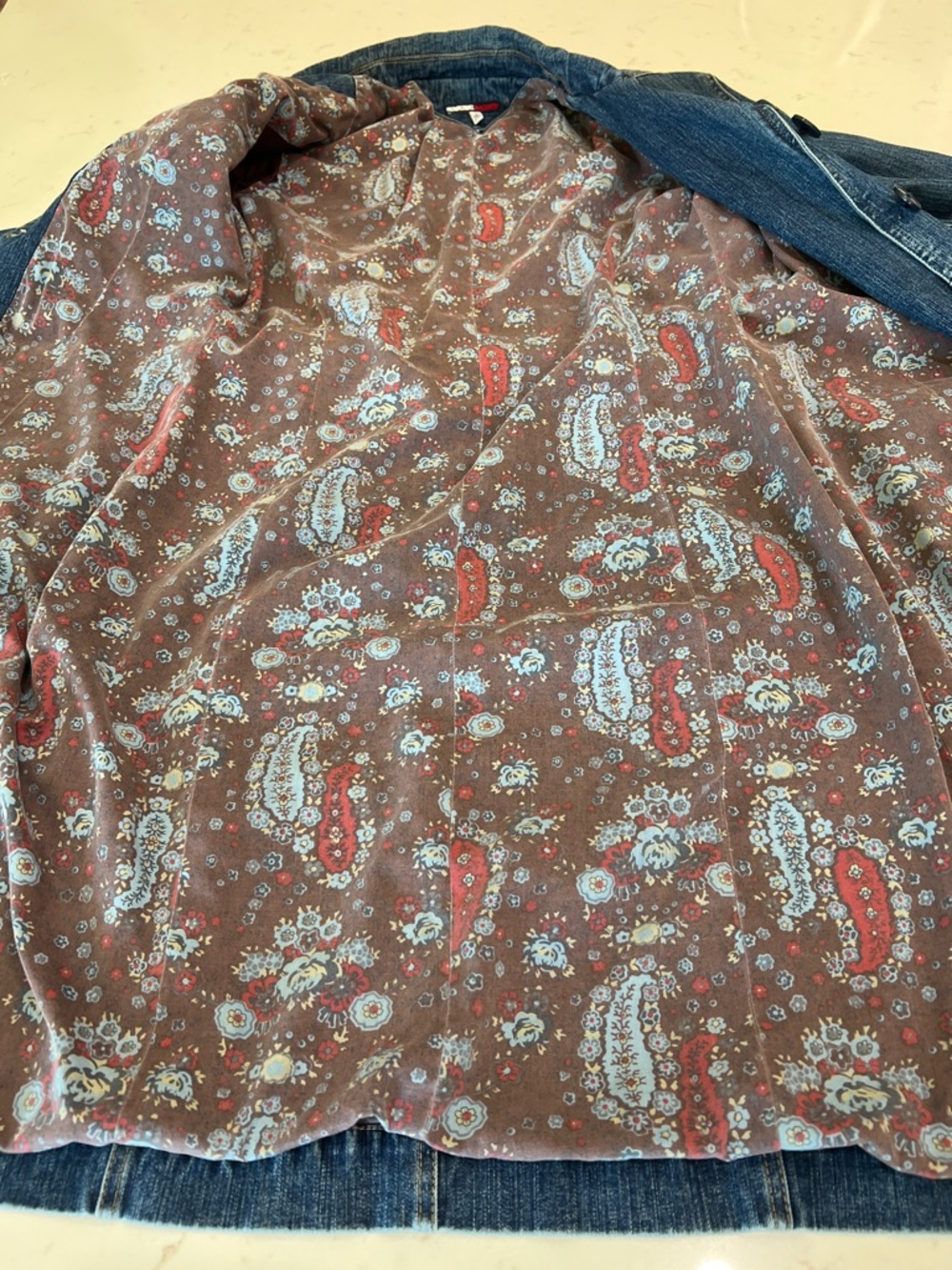 Tommy Hilfiger Y2K Stretch Denim Coat Floral Paisley Lined Long Jacket Size L - Picture 9 of 16